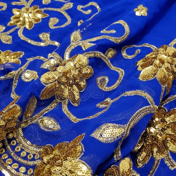 Royal Blue Gold Saree Sequin bridal wedding sari gold - Picture 2 of 5